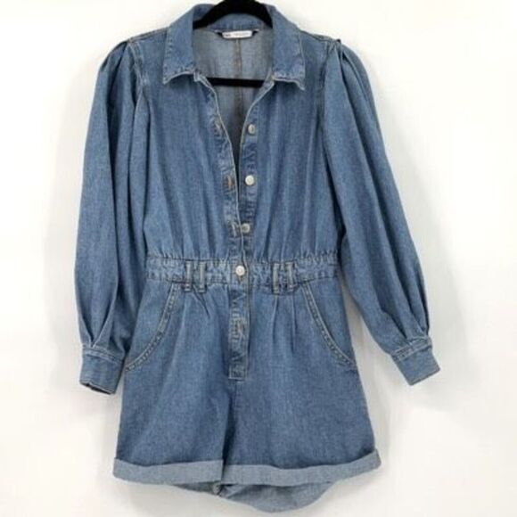 Zara Womens Medium Wash Blue Puff Sleeves Button Front Denim Romper XS - Picture 2 of 11